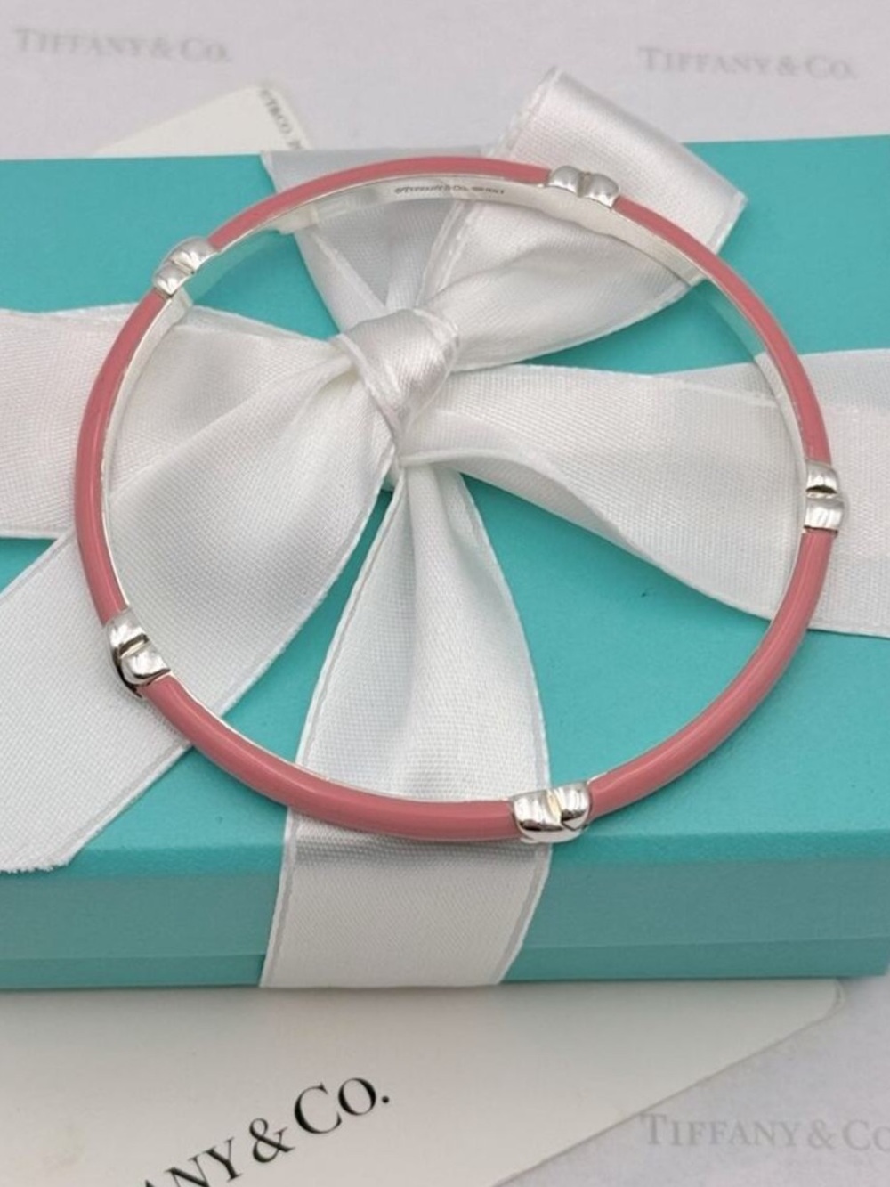 Tiffany & Co. Pink Enamel Signature X Bangle Bracelet Sterling Silver Gift Box - Picture 7 of 10